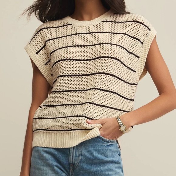 Z Supply Sweaters - Z Supply Ines Cream Open-Knit Sweater with Black Stripes